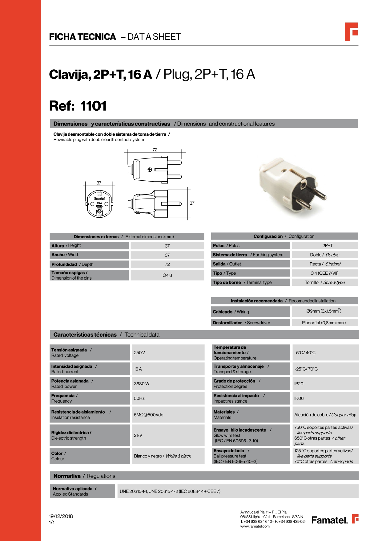 FICHA CLAVIJA 2P+T FAMATEL 1101